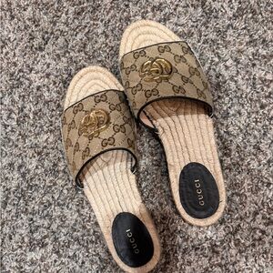 Gucci Beige Monogram Slide Sandals